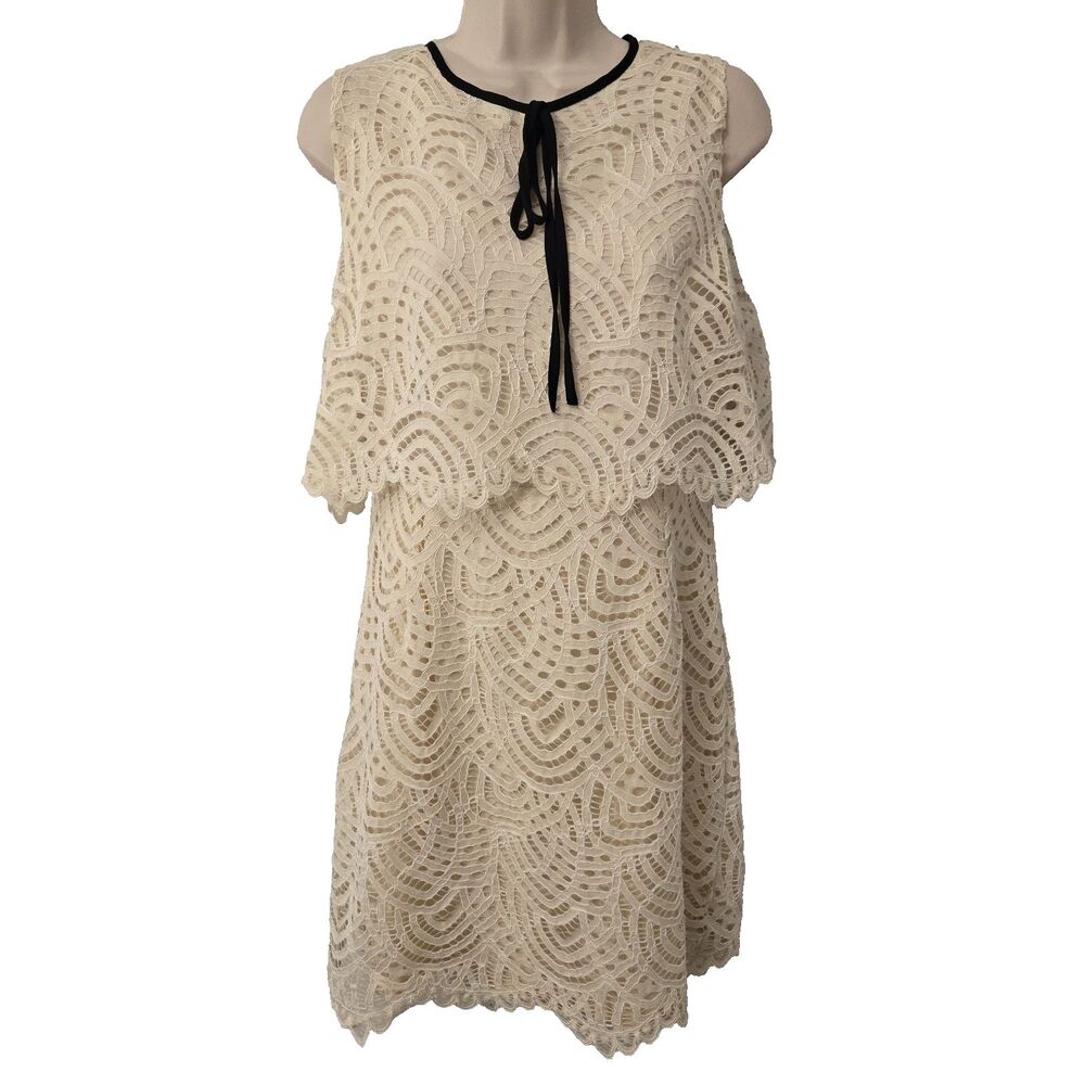 Ellison Lace Crochet Overlay Capelet Dress L Whimsigoth Mod Shift Retro Bow 60s